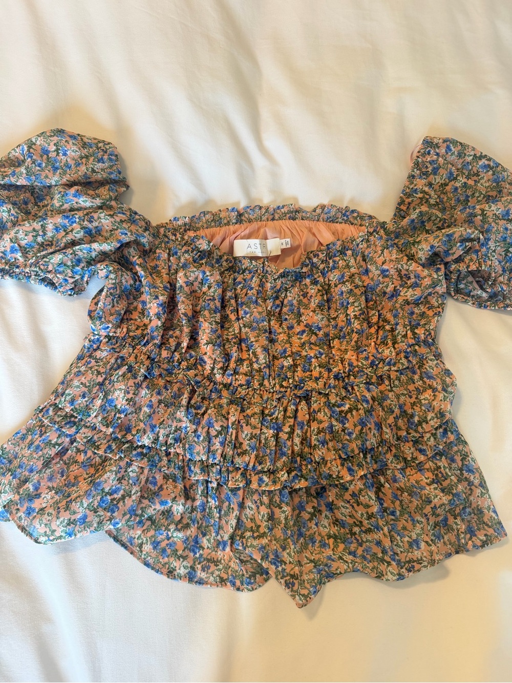 Astr Peach Floral Smocked Puff Sleeve Top with Blue Accents